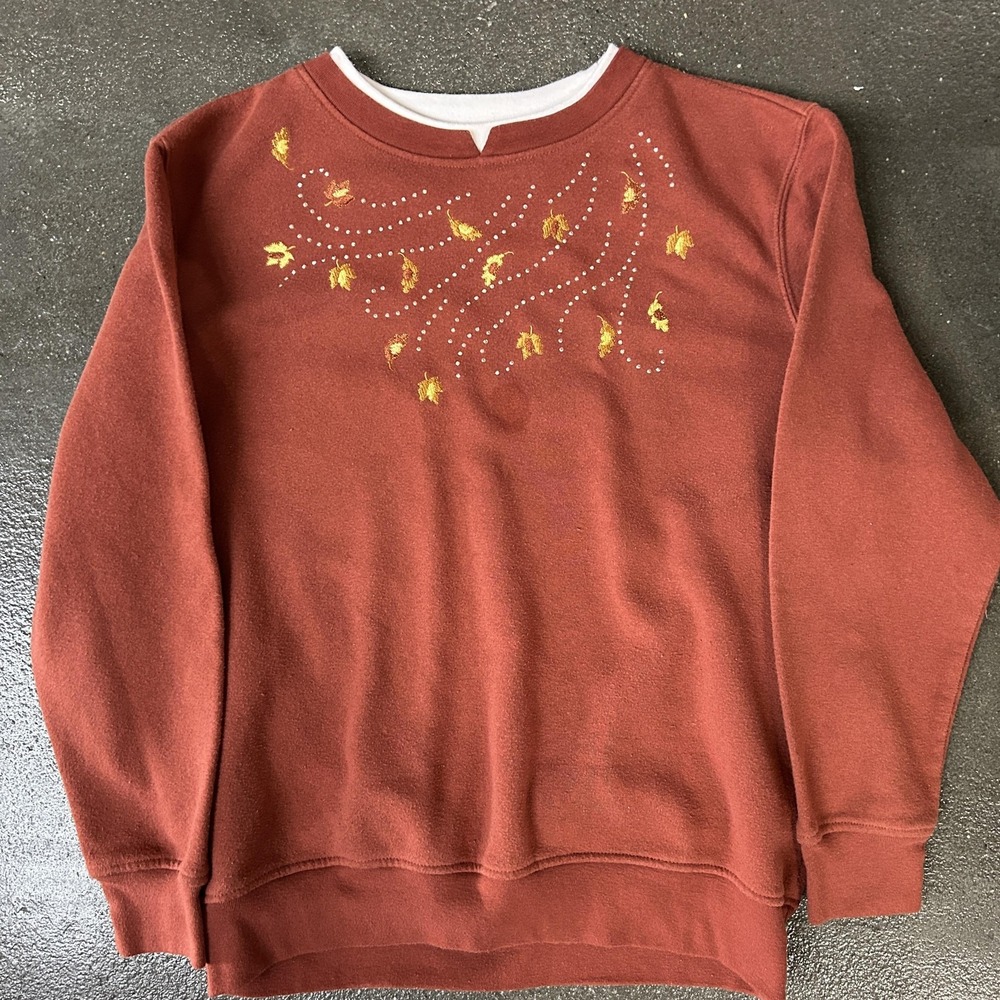Rust Red Fleece Sweater Womens Medium Fall Leaf Embroidered Crewneck Pullover